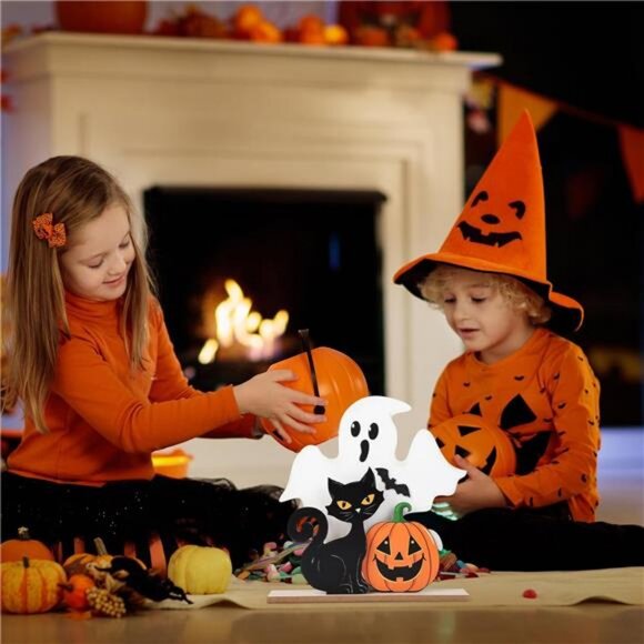 Farmhouse Halloween Decorations - Wooden Ghost & Black Cat Table Signs - Picture 5 of 8